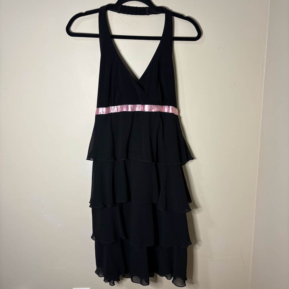 Vintage Giorgio Forelini Black Halter Midi Ruffle Pink Trim Dress Size 14